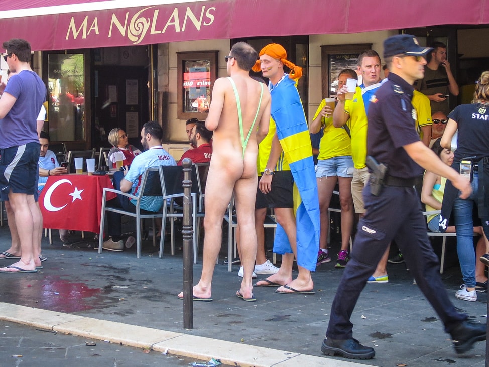 A mostly naked Swedish fan for the Euros 2016 in Nice, France