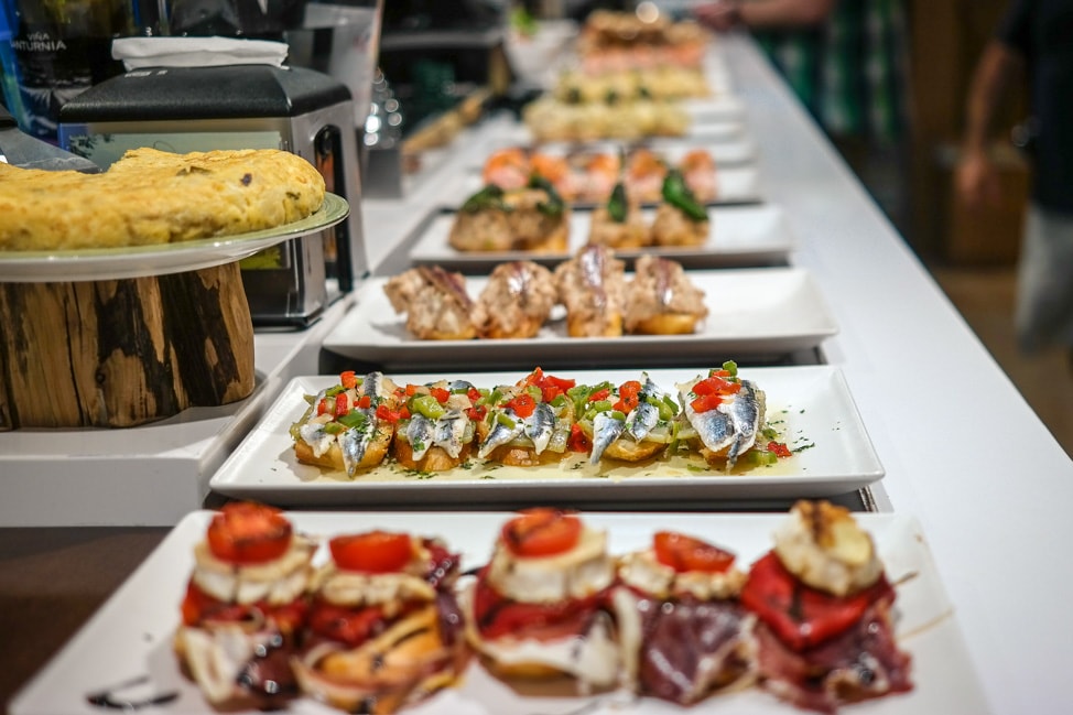 Selection of food at a Pinxtos bar in San Sebastian, Spain