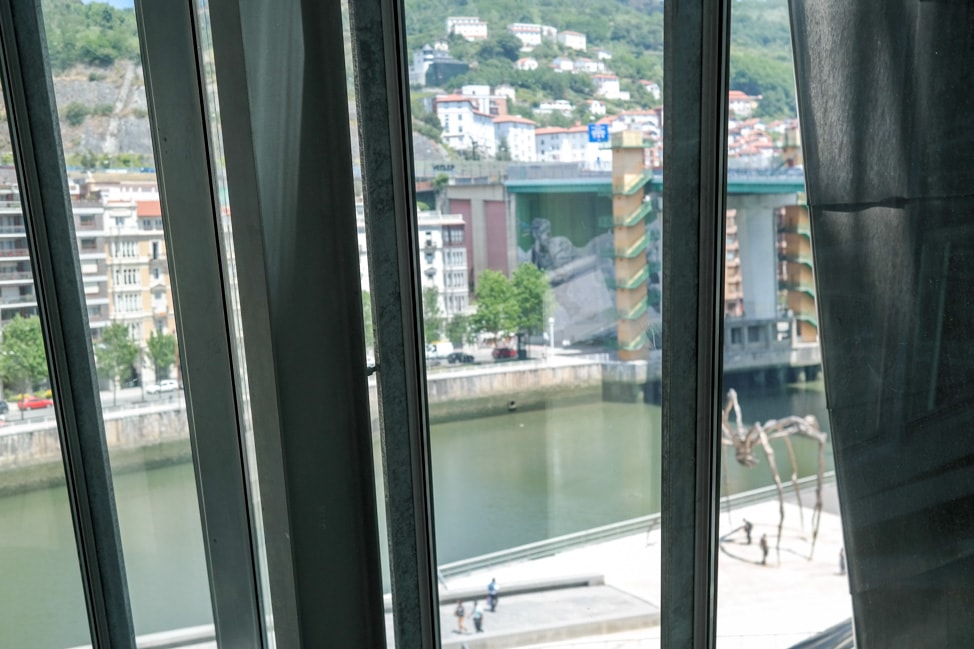 A view of the river from the interior of the Guggenheim Museum Bilbao in Bilbao, Spain