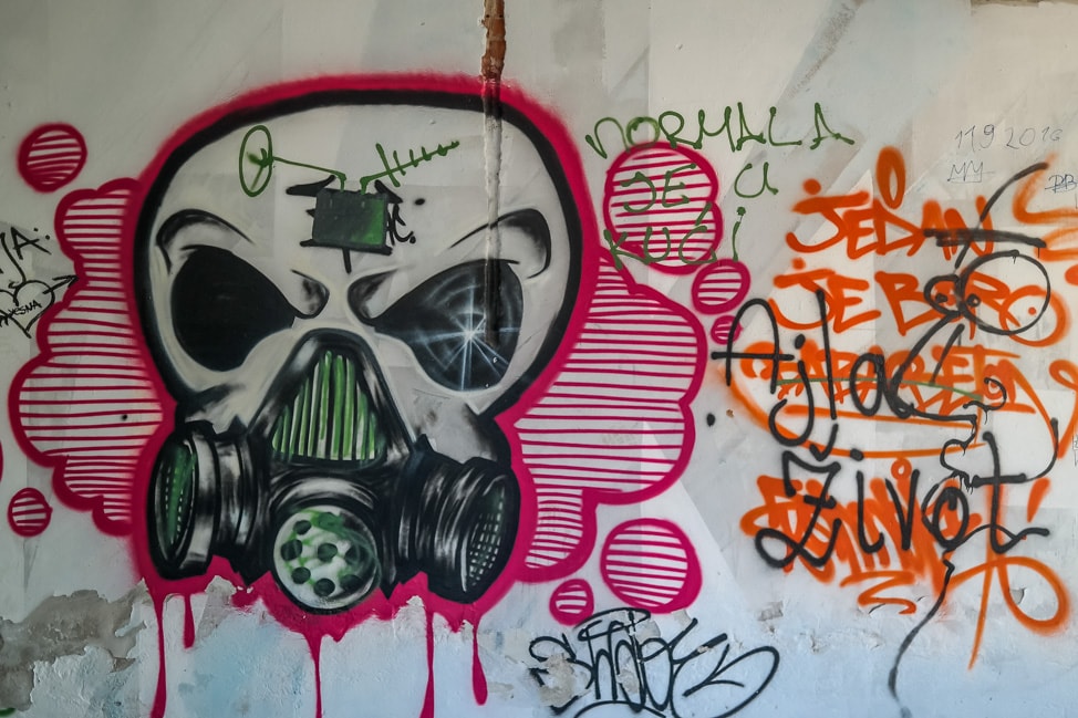 Mostar sniper tower: more graffiti inside the building