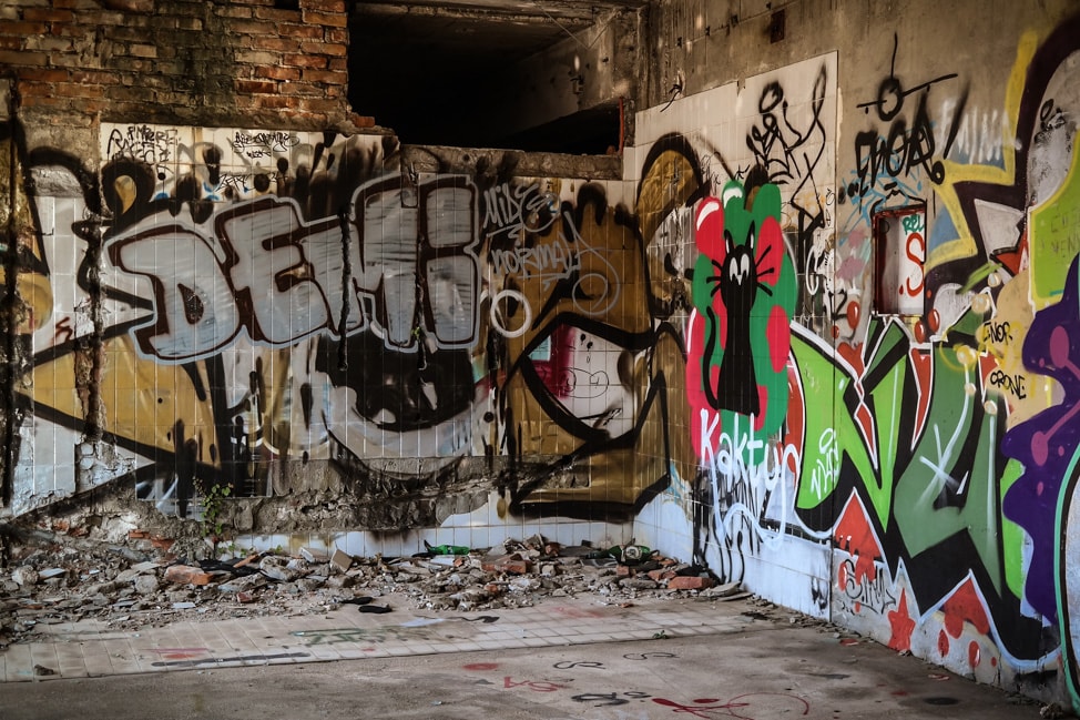 Mostar sniper tower: graffiti covering the interior