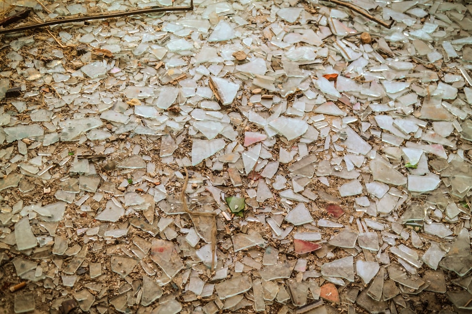 Mostar sniper tower: broken glass covering the floor