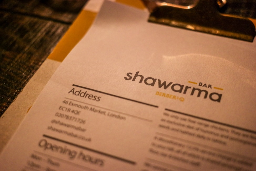 unique London restaurants: the menu at Bar Shawarma in London