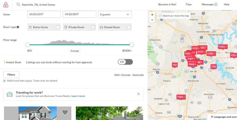 7 Airbnb tips for first time users: the search results screen from Airbnb