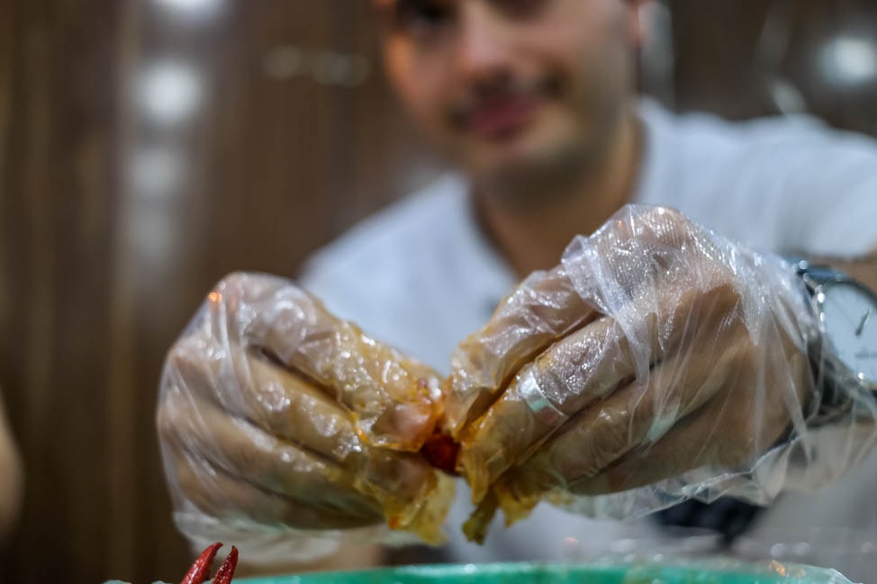 Eating crawfish in the Shanghai night market tour