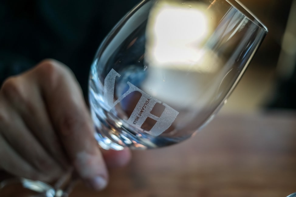 wine glass from the volcanic hills tasting room high up the gondola in rotorua